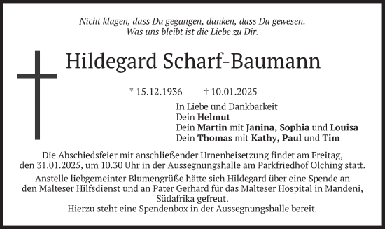 Traueranzeige von Hildegard Scharf-Baumann von merkurtz