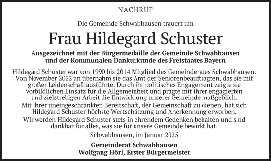 Traueranzeige von Hildegard Schuster von merkurtz