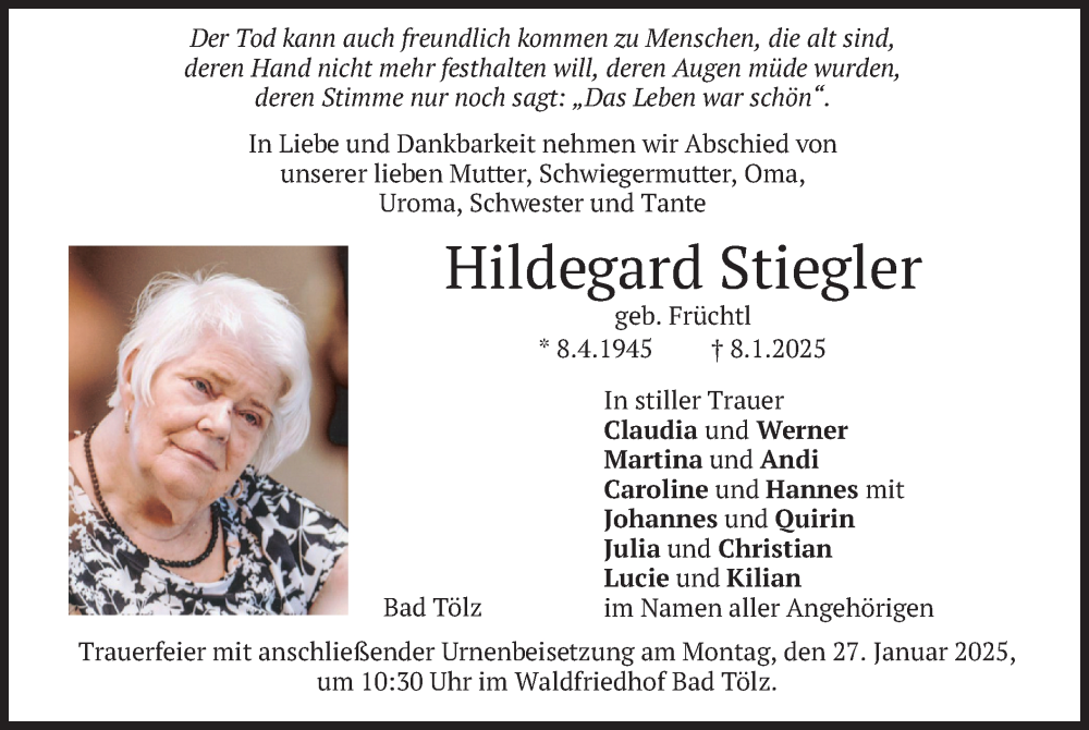  Traueranzeige für Hildegard Stiegler vom 24.01.2025 aus merkurtz