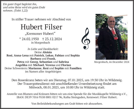 Traueranzeige von Hubert Filser von merkurtz