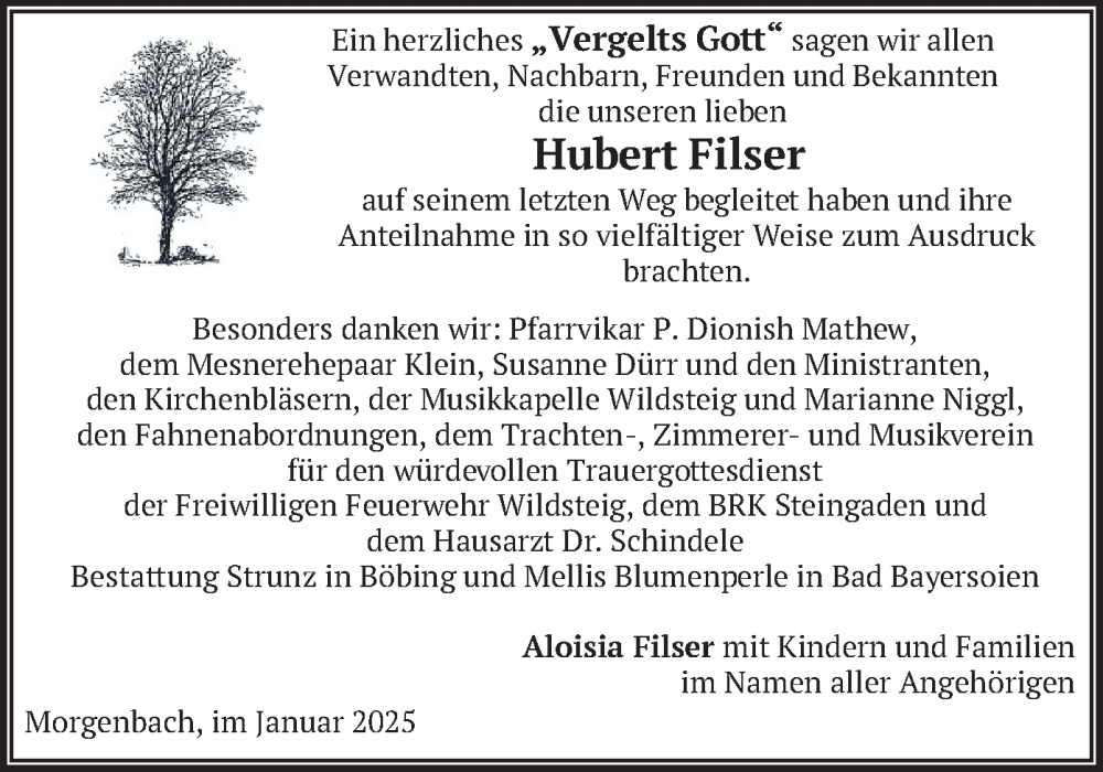  Traueranzeige für Hubert Filser vom 18.01.2025 aus merkurtz