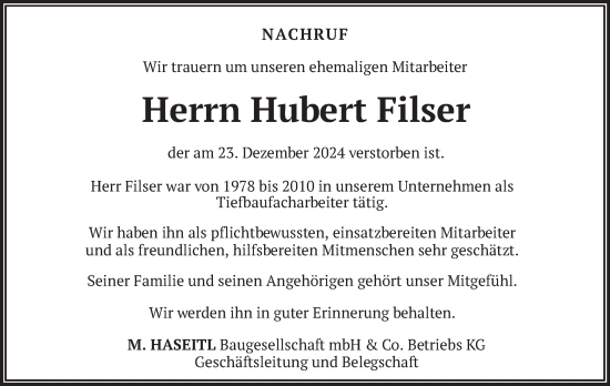 Traueranzeige von Hubert Filser von merkurtz