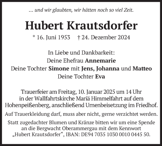 Traueranzeige von Hubert Krautsdorfer von merkurtz