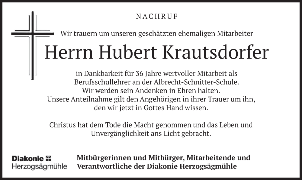  Traueranzeige für Hubert Krautsdorfer vom 10.01.2025 aus merkurtz