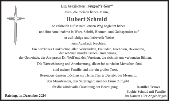 Traueranzeige von Hubert Schmid von merkurtz