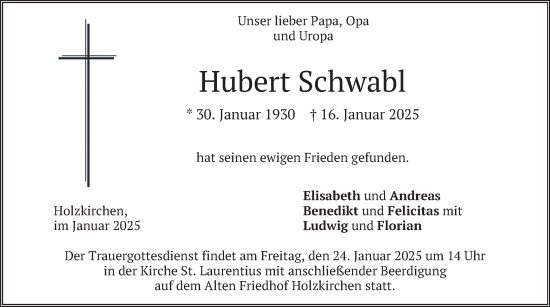 Traueranzeige von Hubert Schwabl von merkurtz