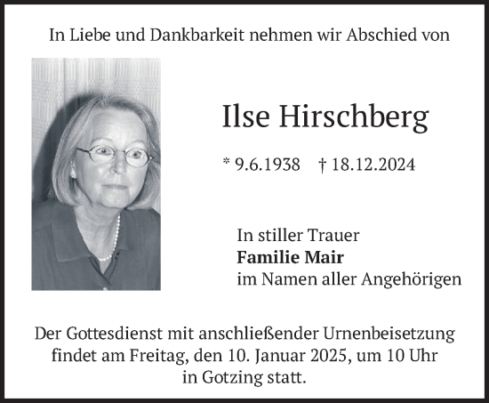 Traueranzeige von Ilse Hirschberg von merkurtz