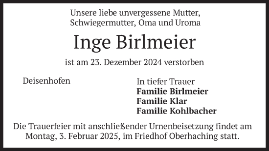 Traueranzeige von Inge Birlmeier von merkurtz