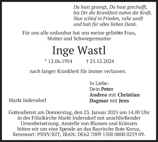 Traueranzeige von Inge Wastl von merkurtz