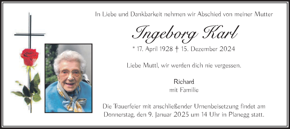  Traueranzeige für Ingeborg Karl vom 04.01.2025 aus merkurtz