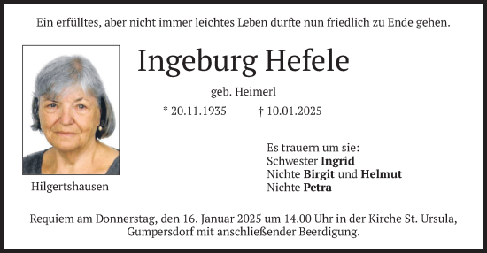 Traueranzeige von Ingeburg Hefele von merkurtz