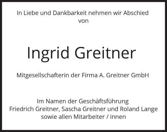 Traueranzeige von Ingrid Greitner von merkurtz