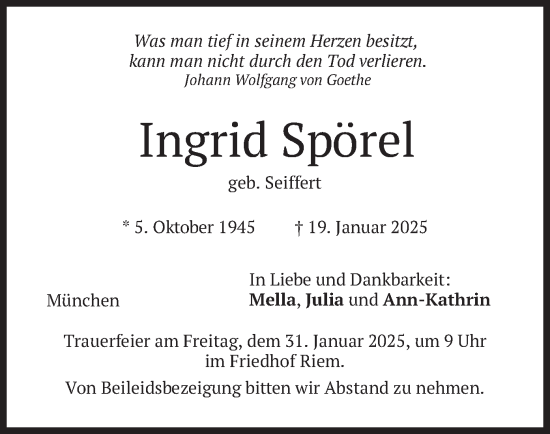 Traueranzeige von Ingrid Spörel von merkurtz