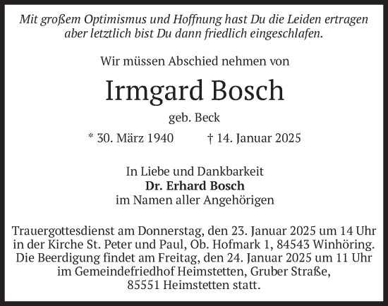 Traueranzeige von Irmgard Bosch von merkurtz