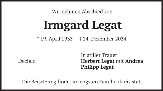 Traueranzeige von Irmgard Legat von merkurtz