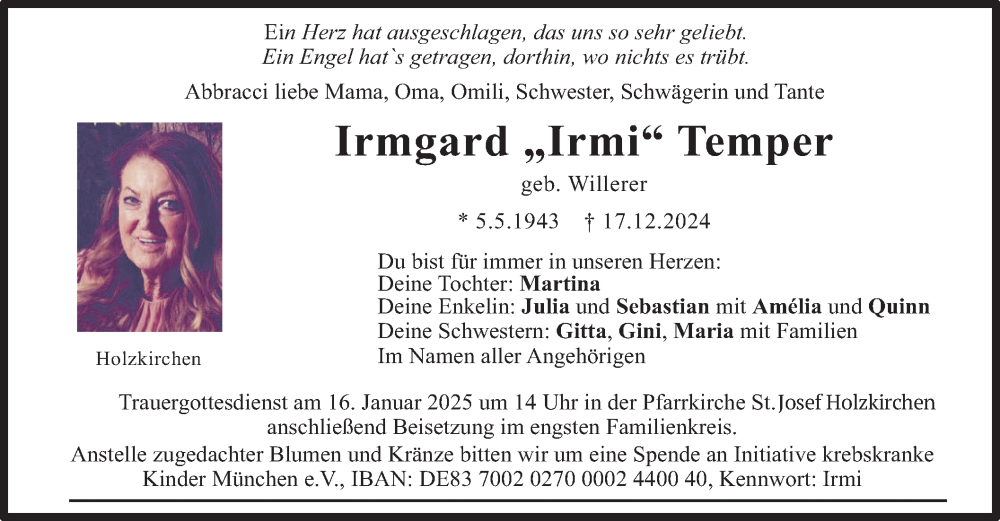  Traueranzeige für Irmgard Temper vom 11.01.2025 aus merkurtz