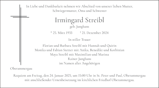 Traueranzeige von Irmingard Streibl von merkurtz