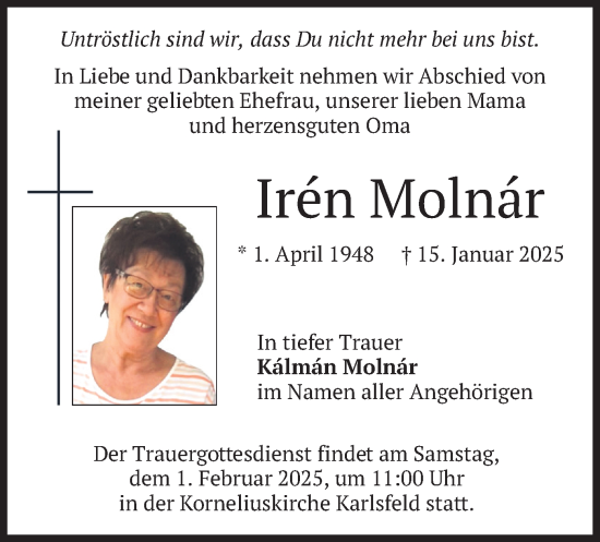 Traueranzeige von Irèn Molnar von merkurtz
