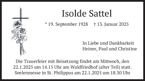 Traueranzeige von Isolde Sattel von merkurtz