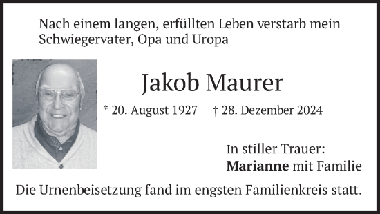 Traueranzeige von Jakob Maurer von merkurtz