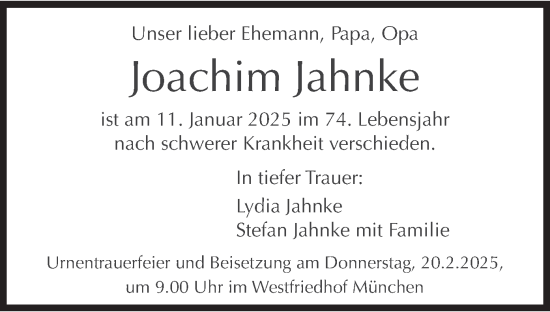 Traueranzeige von Joachim Jahnke von merkurtz
