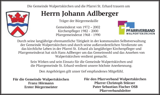 Traueranzeige von Johann Adlberger von merkurtz