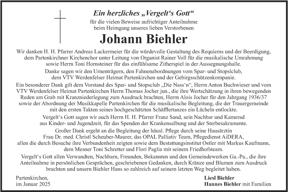  Traueranzeige für Johann Biehler vom 25.01.2025 aus merkurtz