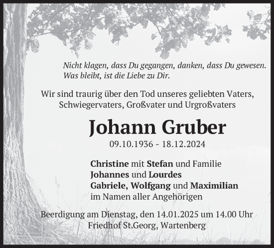Traueranzeige von Johann Gruber von merkurtz