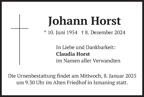 Traueranzeige von Johann Horst von merkurtz