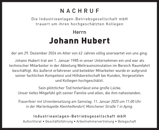 Traueranzeige von Johann Hubert von merkurtz