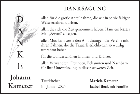 Traueranzeige von Johann Kameter von merkurtz