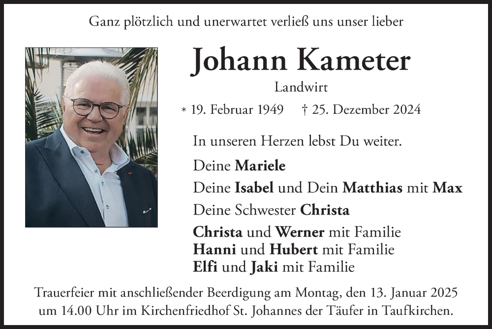  Traueranzeige für Johann Kameter vom 04.01.2025 aus merkurtz