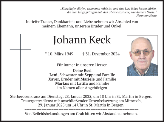 Traueranzeige von Johann Keck von merkurtz