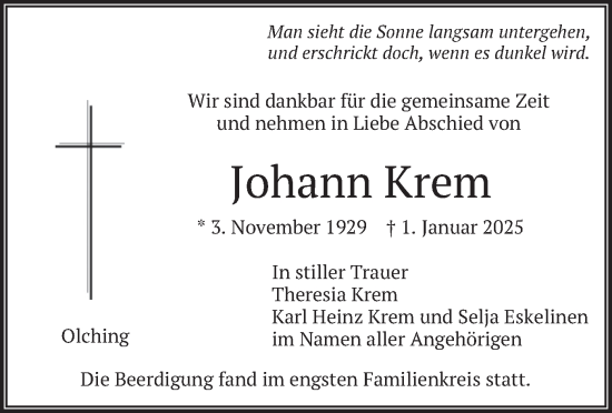 Traueranzeige von Johann Krem von merkurtz