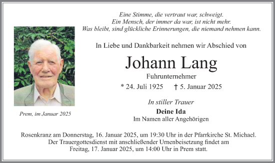 Traueranzeige von Johann Lang von merkurtz