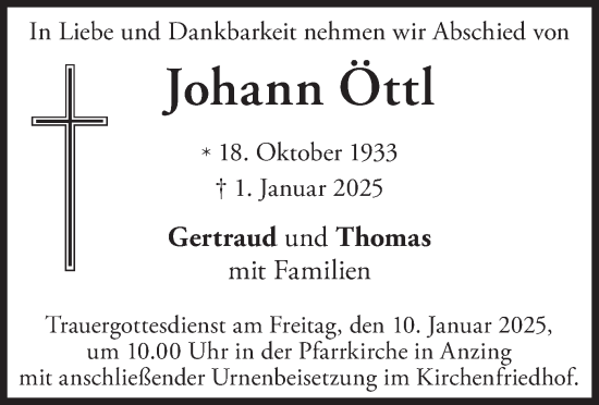 Traueranzeige von Johann Öttl von merkurtz