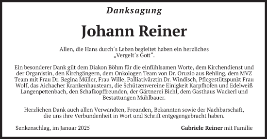 Traueranzeige von Johann Reiner von merkurtz