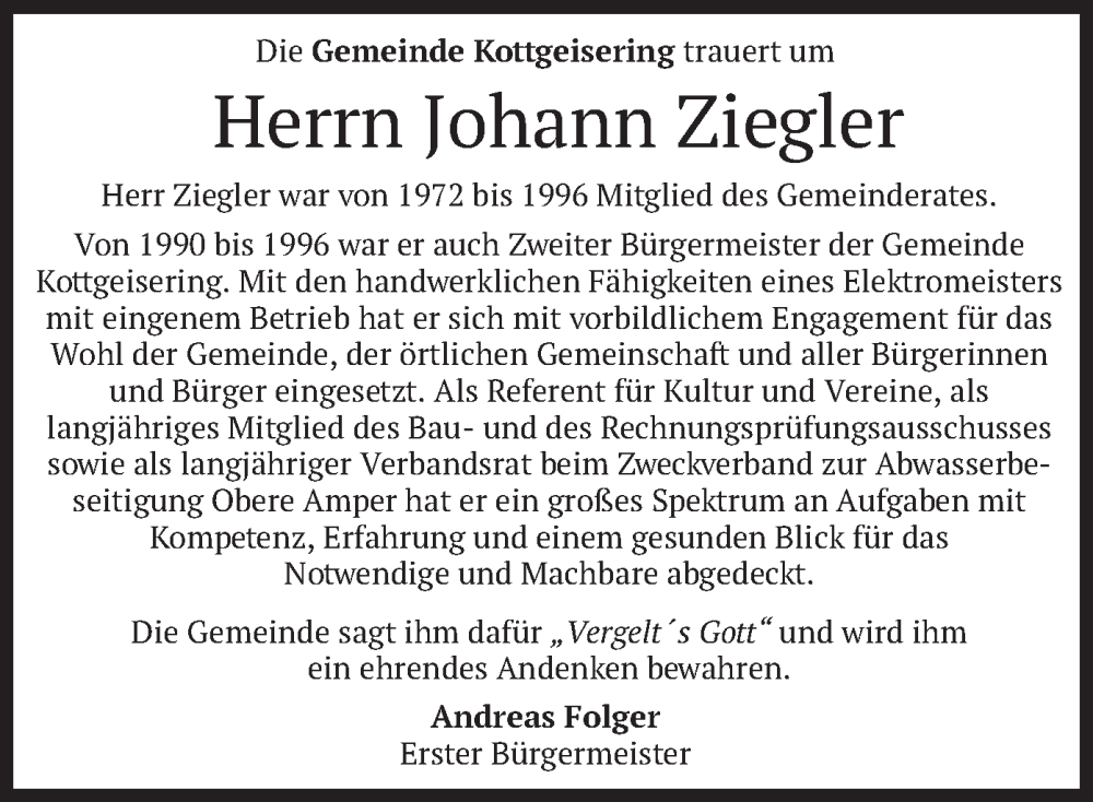  Traueranzeige für Johann Ziegler vom 04.01.2025 aus merkurtz