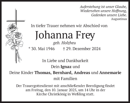 Traueranzeige von Johanna Frey von merkurtz