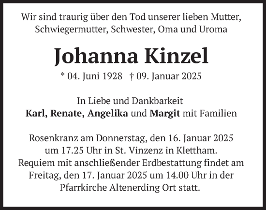 Traueranzeige von Johanna Kinzel von merkurtz