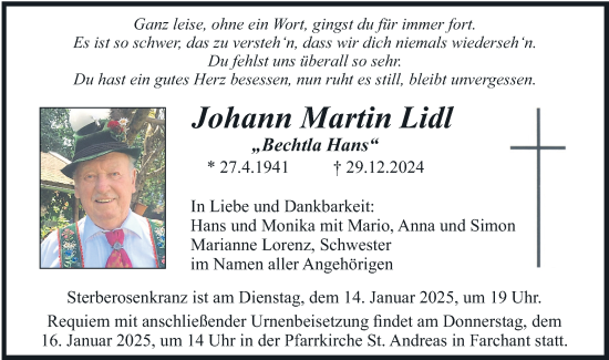 Traueranzeige von Johann Martin Lidl von merkurtz