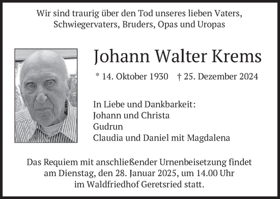 Traueranzeige von Johann Walter Krems von merkurtz