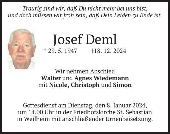 Traueranzeige von Josef Deml von merkurtz