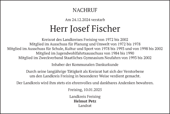 Traueranzeige von Josef Fischer von merkurtz