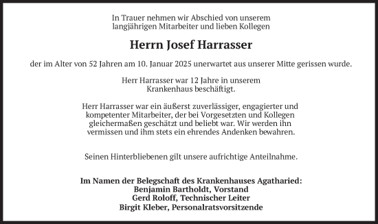 Traueranzeige von Josef Harrasser von merkurtz