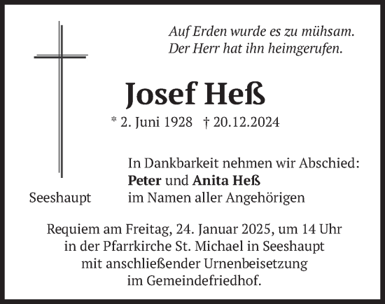 Traueranzeige von Josef Heß von merkurtz