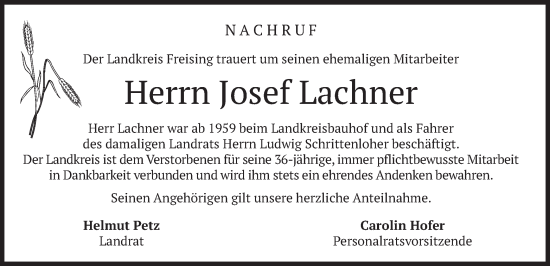 Traueranzeige von Josef Lachner von merkurtz