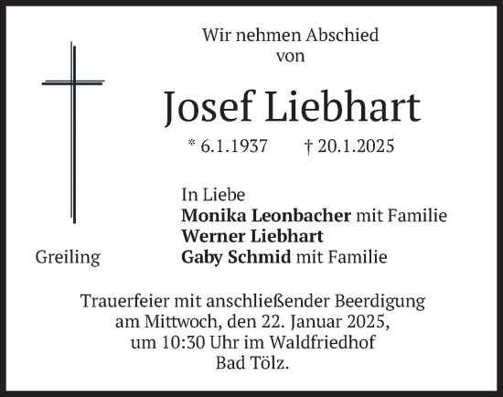 Traueranzeige von Josef Liebhart von merkurtz