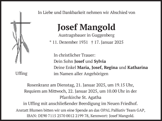 Traueranzeige von Josef Mangold von merkurtz