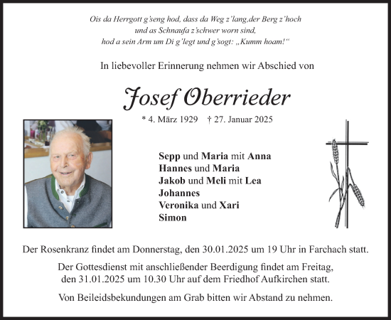 Traueranzeige von Josef Oberrieder von merkurtz